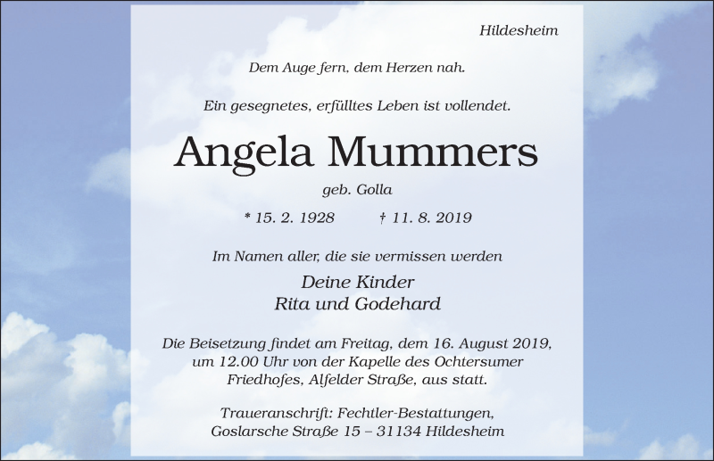 Traueranzeige für Angela Mummers vom 14.08.2019 aus Hildesheimer Allgemeine Zeitung