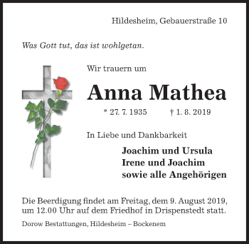 Traueranzeige von Anna Mathea von Hildesheimer Allgemeine Zeitung