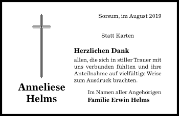 Traueranzeige von Anneliese Helms von Hildesheimer Allgemeine Zeitung
