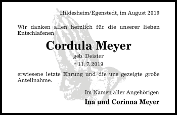 Traueranzeige von Cordula Meyer von Hildesheimer Allgemeine Zeitung