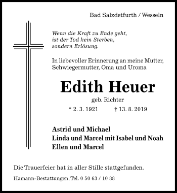 Traueranzeige von Edith Heuer von Hildesheimer Allgemeine Zeitung