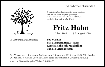 Traueranzeige von Fritz Hahn von Hildesheimer Allgemeine Zeitung