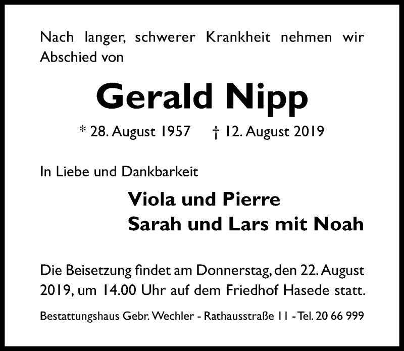 Traueranzeige für Gerald Nipp vom 17.08.2019 aus Hildesheimer Allgemeine Zeitung