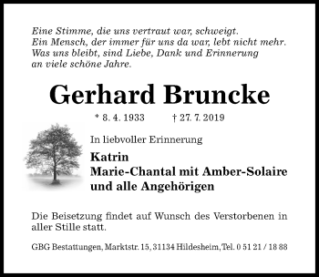 Traueranzeige von Gerhard Bruncke von Hildesheimer Allgemeine Zeitung