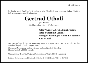 Traueranzeige von Gertrud Uthoff von Hildesheimer Allgemeine Zeitung