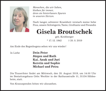 Traueranzeige von Gisela Broutschek von Hildesheimer Allgemeine Zeitung