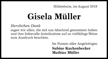 Traueranzeige von Gisela Müller von Hildesheimer Allgemeine Zeitung