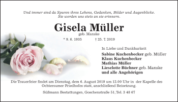 Traueranzeige von Gisela Müller von Hildesheimer Allgemeine Zeitung