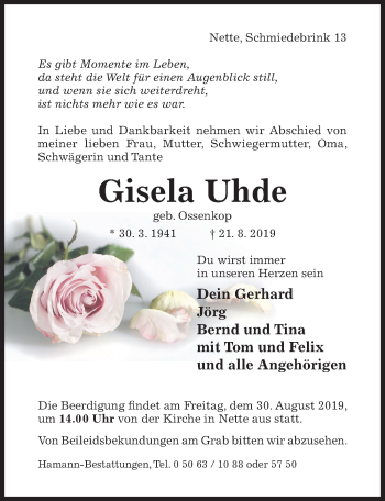 Traueranzeige von Gisela Uhde von Hildesheimer Allgemeine Zeitung