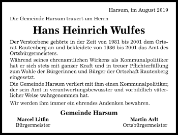 Traueranzeige von Hans Heinrich Wulfes von Hildesheimer Allgemeine Zeitung