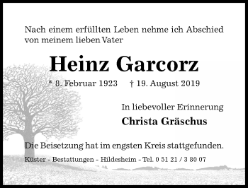 Traueranzeige von Heinz Garcorz von Hildesheimer Allgemeine Zeitung