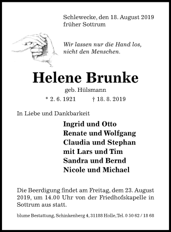 Traueranzeige von Helene Brunke von Hildesheimer Allgemeine Zeitung