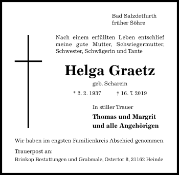 Traueranzeige von Helga Graetz von Hildesheimer Allgemeine Zeitung