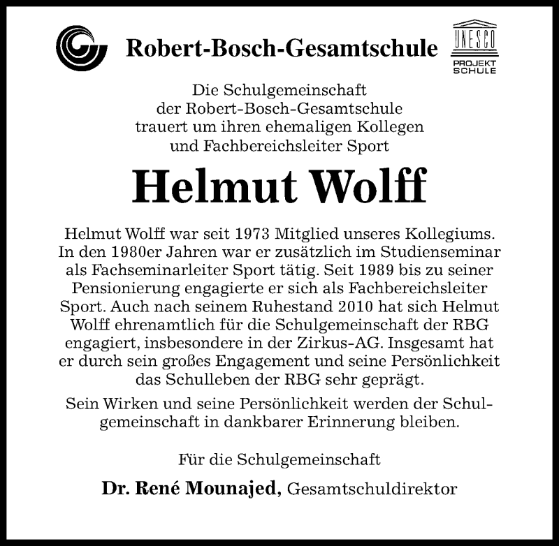  Traueranzeige für Helmut Wolff vom 31.08.2019 aus Hildesheimer Allgemeine Zeitung