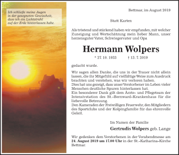 Traueranzeige von Hermann Wolpers von Hildesheimer Allgemeine Zeitung