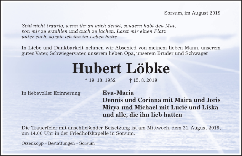  Traueranzeige für Hubert Löbke vom 17.08.2019 aus Hildesheimer Allgemeine Zeitung