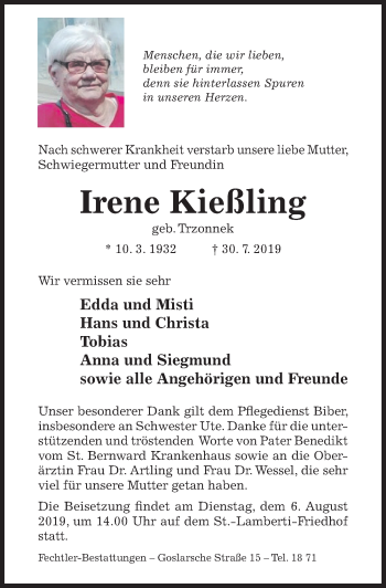 Traueranzeige von Irene Kießling von Hildesheimer Allgemeine Zeitung