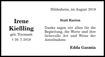 Traueranzeige von Irene Kießling von Hildesheimer Allgemeine Zeitung