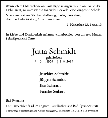 Traueranzeige von Jutta Schmidt von Hildesheimer Allgemeine Zeitung