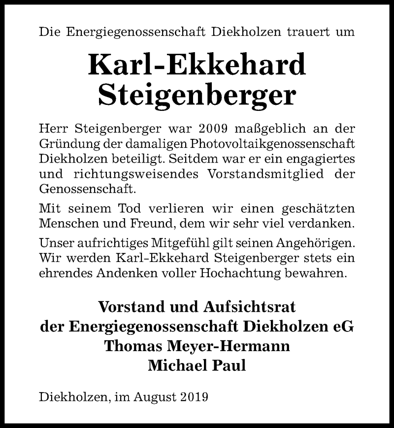  Traueranzeige für Karl-Ekkehard Steigenberger vom 13.08.2019 aus Hildesheimer Allgemeine Zeitung