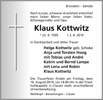 Traueranzeige von Klaus Kottwitz von Hildesheimer Allgemeine Zeitung