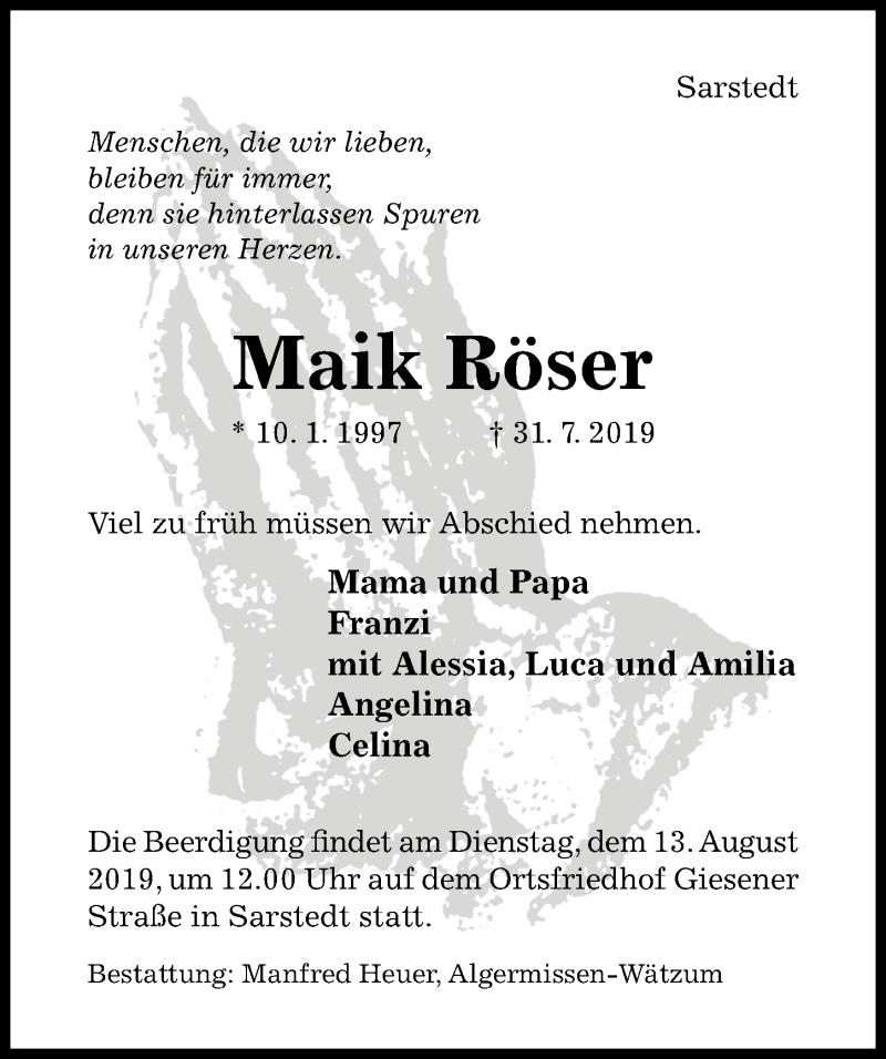  Traueranzeige für Maik Röser vom 08.08.2019 aus Hildesheimer Allgemeine Zeitung
