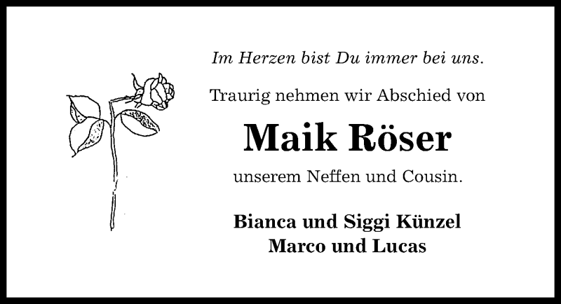  Traueranzeige für Maik Röser vom 08.08.2019 aus Hildesheimer Allgemeine Zeitung