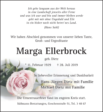 Traueranzeige von Marga Ellerbrock von Hildesheimer Allgemeine Zeitung