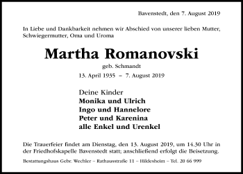 Traueranzeige von Martha Romanovski von Hildesheimer Allgemeine Zeitung