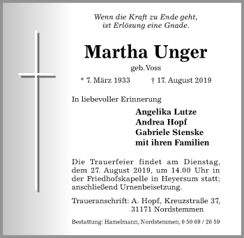 Traueranzeige von Martha Unger von Hildesheimer Allgemeine Zeitung