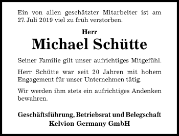 Traueranzeige von Michael Schütte von Hildesheimer Allgemeine Zeitung