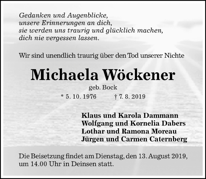  Traueranzeige für Michaela Wöckener vom 10.08.2019 aus Hildesheimer Allgemeine Zeitung