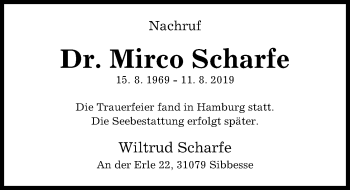 Traueranzeige von Mirco Scharfe von Hildesheimer Allgemeine Zeitung