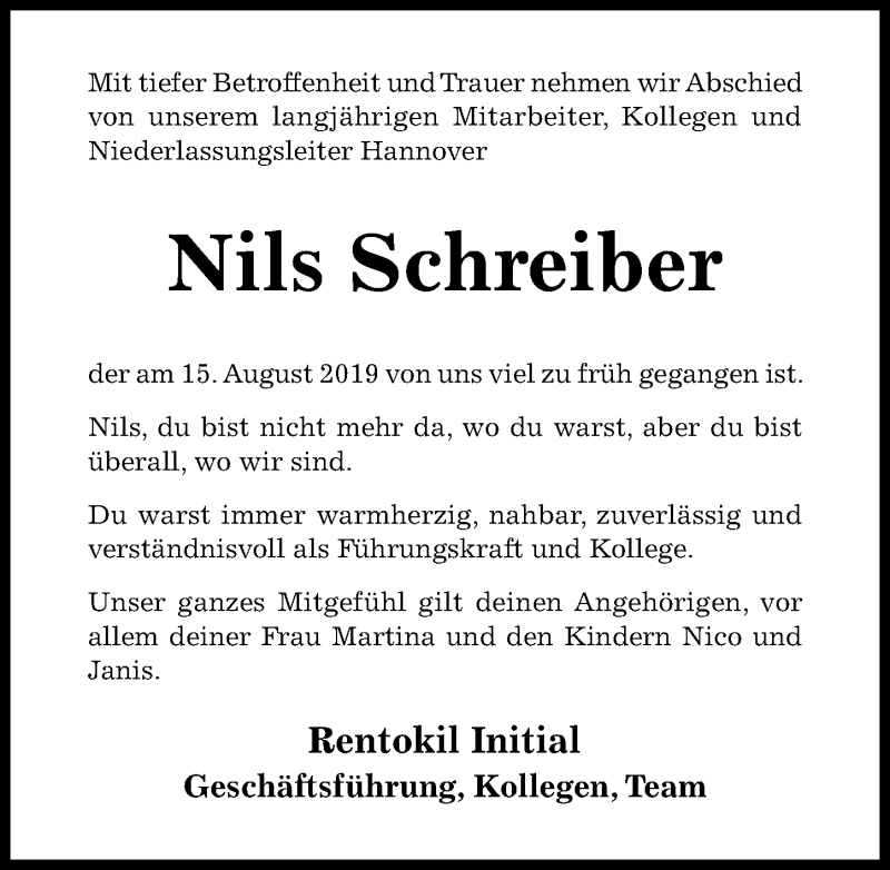  Traueranzeige für Nils Schreiber vom 27.08.2019 aus Hildesheimer Allgemeine Zeitung