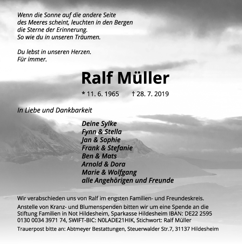  Traueranzeige für Ralf Müller vom 03.08.2019 aus Hildesheimer Allgemeine Zeitung