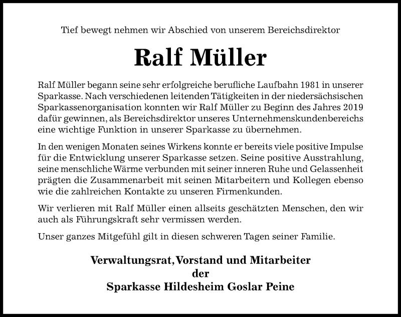  Traueranzeige für Ralf Müller vom 03.08.2019 aus Hildesheimer Allgemeine Zeitung