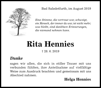 Traueranzeige von Rita Hennies von Hildesheimer Allgemeine Zeitung