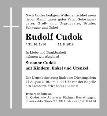 Traueranzeige von Rudolf Cudok von Hildesheimer Allgemeine Zeitung