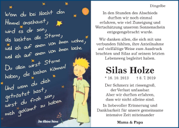 Traueranzeige von Silas Holze von Hildesheimer Allgemeine Zeitung