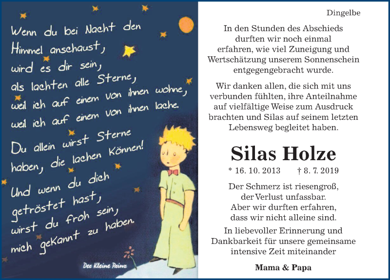  Traueranzeige für Silas Holze vom 03.08.2019 aus Hildesheimer Allgemeine Zeitung