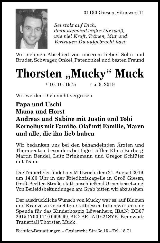  Traueranzeige für Thorsten Muck vom 10.08.2019 aus Hildesheimer Allgemeine Zeitung