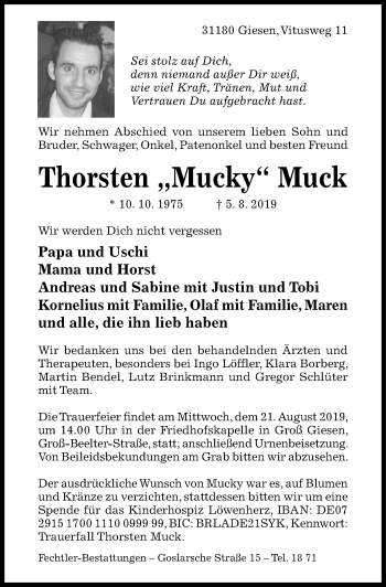 Traueranzeige von Thorsten Muck von Hildesheimer Allgemeine Zeitung