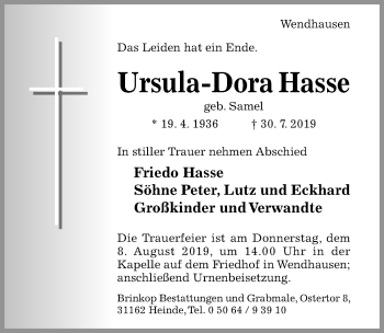 Traueranzeige von Ursula-Dora Hasse von Hildesheimer Allgemeine Zeitung