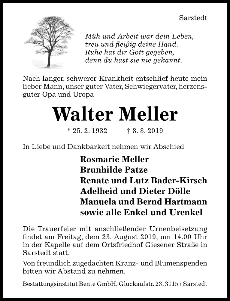  Traueranzeige für Walter Meller vom 10.08.2019 aus Hildesheimer Allgemeine Zeitung