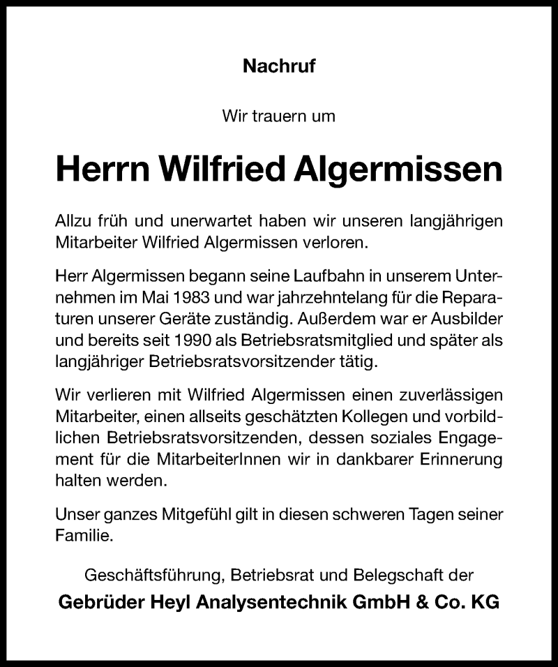  Traueranzeige für Wilfried Algermissen vom 10.08.2019 aus Hildesheimer Allgemeine Zeitung