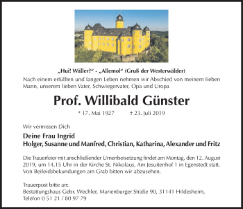 Traueranzeige von Willibald Günster von Hildesheimer Allgemeine Zeitung