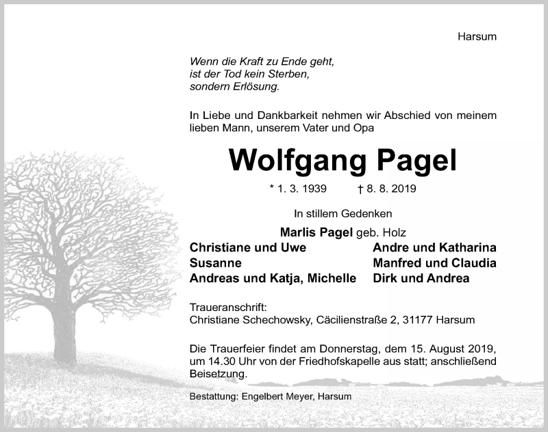  Traueranzeige für Wolfgang Pagel vom 13.08.2019 aus Hildesheimer Allgemeine Zeitung