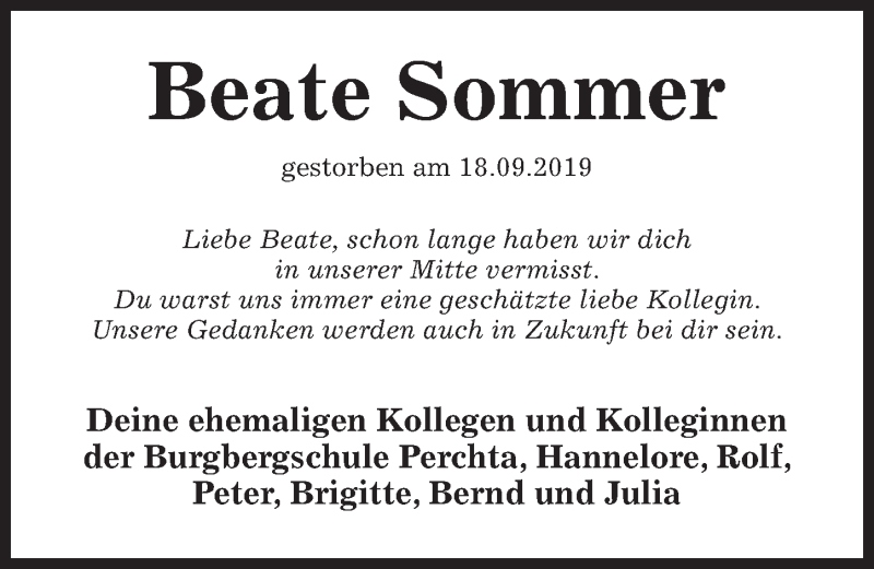  Traueranzeige für Beate Sommer vom 28.09.2019 aus Hildesheimer Allgemeine Zeitung