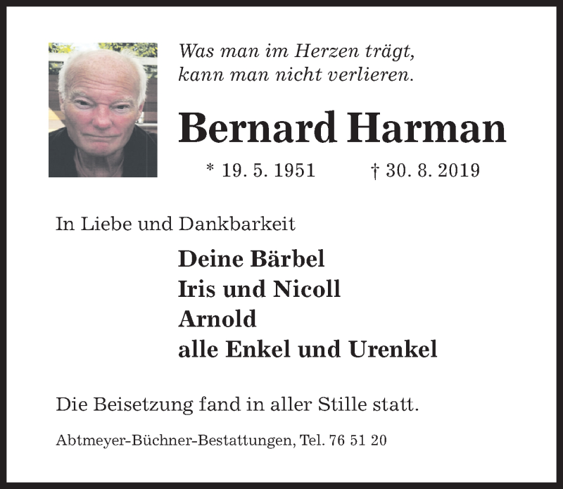  Traueranzeige für Bernard Harman vom 17.09.2019 aus Hildesheimer Allgemeine Zeitung