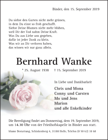 Traueranzeige von Bernhard Wanke von Hildesheimer Allgemeine Zeitung